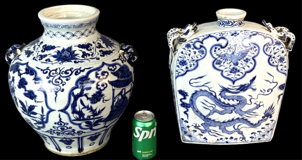 Two Chinese Porcelain Blue and White Vases: Two Chinese Porcelain Blue and White Vases. Larger 15 1/4"h x 14"diam. Condition: Good,