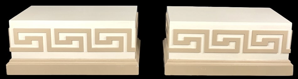 Pair of Pedestals w/ Greek Key Motif: Pair of Pedestals w/ Greek Key Motif. Painted white. 21"h x 49 1/4"w x 22"d Condition: Some chips & wear to paint