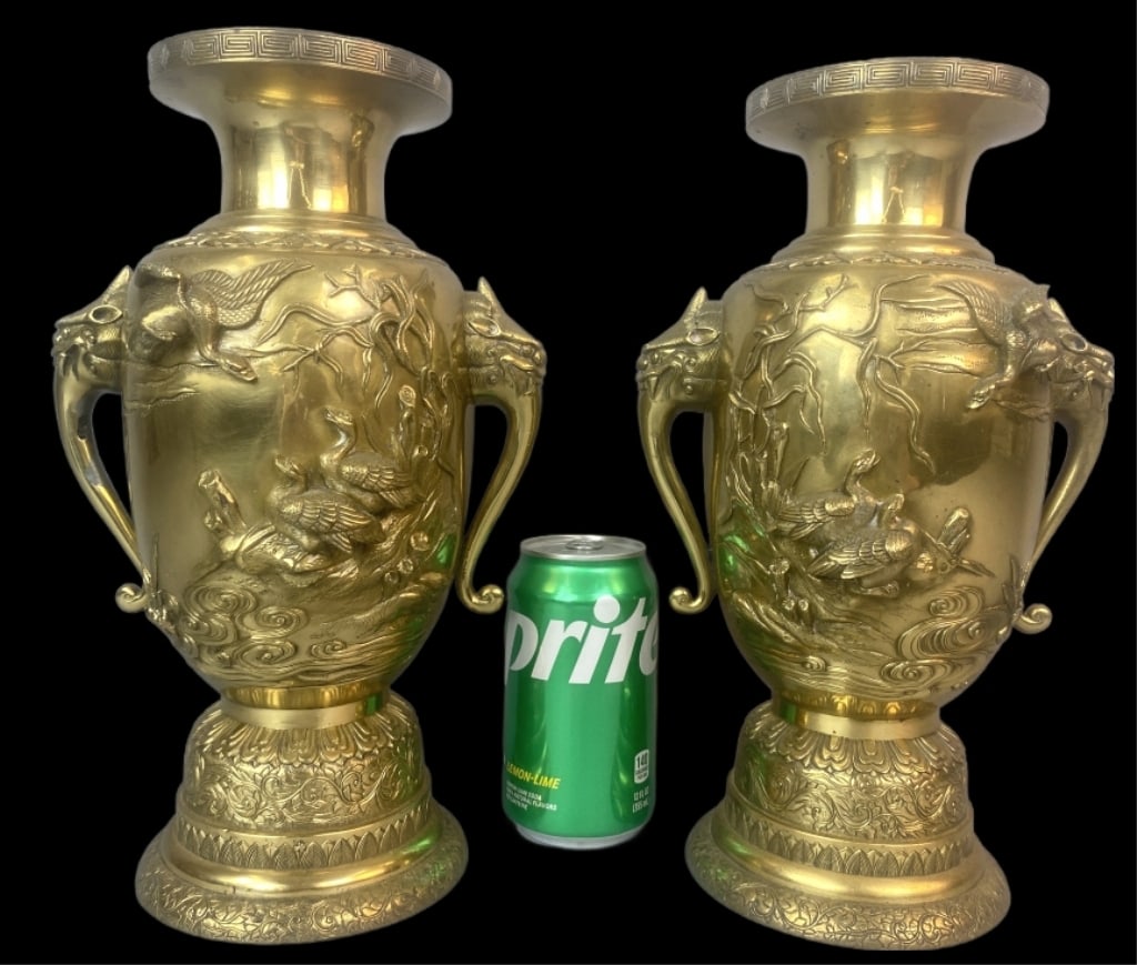 Pair of Japanese Bronze Elephant Handle Vases: Pair of Japanese Bronze Elephant Handle Vases. Signed on bottom. 12"h x 8"w x 5"d Condition: Good