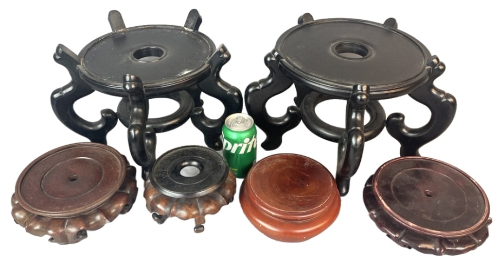 Group of Chinese Wooden Stands: Group of Chinese Wooden Stands. Largest: 9 1/2"h x 15"diam. Condition: Scratches, scuffs.