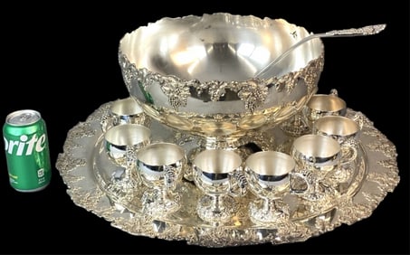 Silver Plated Punch Bowl Set w/ Grape Motif