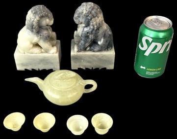Pair of Carved Soapstone Foo Dogs w/ Tea Set