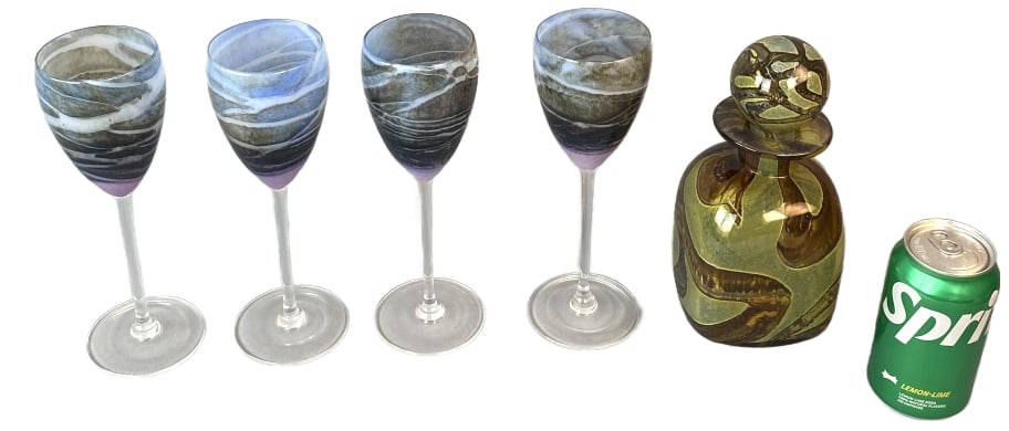 4 Signed Cape Cod Glasses w/ Signed Decanter: 4 Signed Cape Cod Glasses w/ Signed Decanter. Glasses: 9"h Condition: Good.