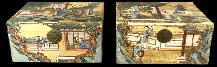 Pair of Chinese Paint Decorated Vellum Chests