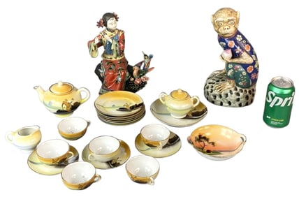 Partial Japanese Tea Set w/ Asian Monkey & Girl