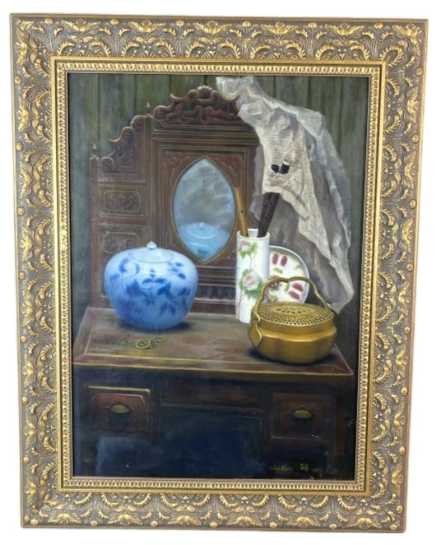 Chinese Vanity & Objects Painting: Chinese Vanity & Objects Painting. Oil on canvas, signed (lr). Sight: 27 1/2"h x 19 1/4"w Condition: Minor scuffs on painting, small chip to gesso in corner.