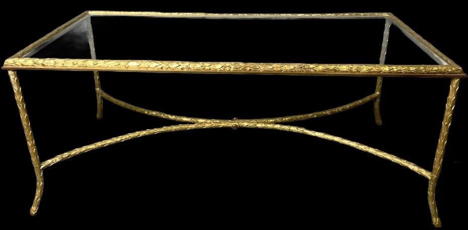 Bronze & Glass Low Table w/ Leaf Motif: Bronze & Glass Low Table w/ Leaf Motif. 17 1/2"h x 41 1/2"w x 19 3/4"d Condition: Good.