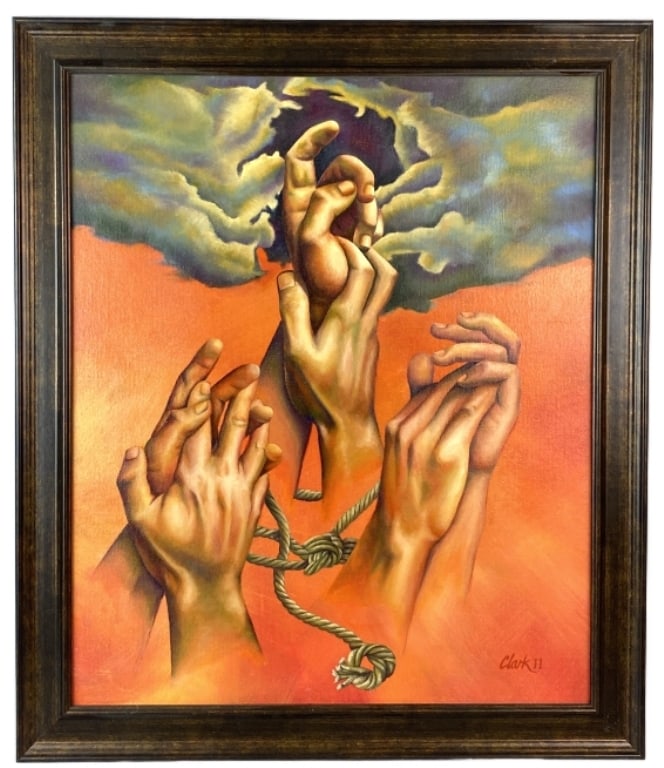 David Clark "Believe": David Clark "Believe". Oil on board, signed (lr). Sight: 23 1/2"h x 19 1/2"w Condition: Good.