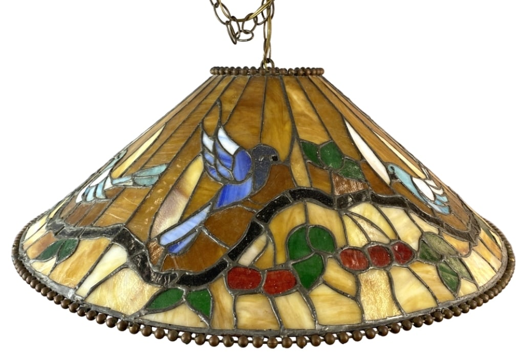 Tiffany Style Hanging Shade: Tiffany Style Hanging Shade. 13"h x 28 1/2"diam. Condition: Some cracked panes.