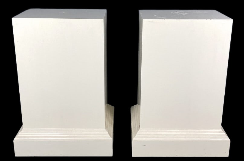 Pair of White Painted Wood Pedestals: Pair of White Painted Wood Pedestals. Designed after "The National Gallery of Art, Washington DC" 21"h x 29w x 22 1/2"d Condition: Some scratched, scuffed & chipped paint.