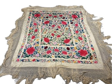 Floral Embroidered & Lace Tablecloth