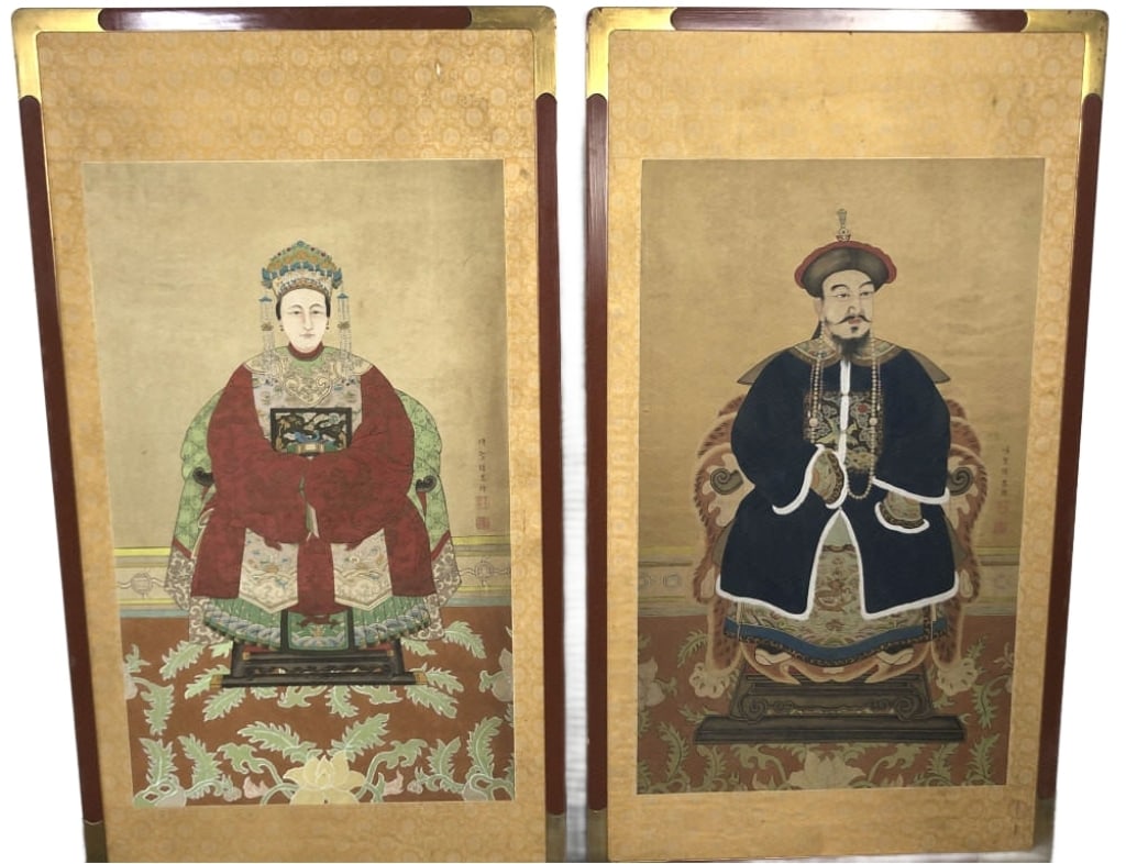 Pair of Chinese Ancestral Portraits: Pair of Chinese Ancestral Portraits. Sight: 43 1/2"h x 26 1/4"w Condition: Small hole in one, some stains, wrinkles, creases in paper, some dents in frame.