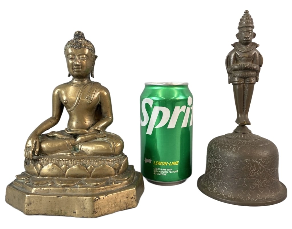 Bronze Buddha w/ Bronze India Bell: Bronze Buddha w/ Bronze India Bell. Buddha: 7"h x 5 1/4"w x 4 1/4"d Condition: Needs cleaning.