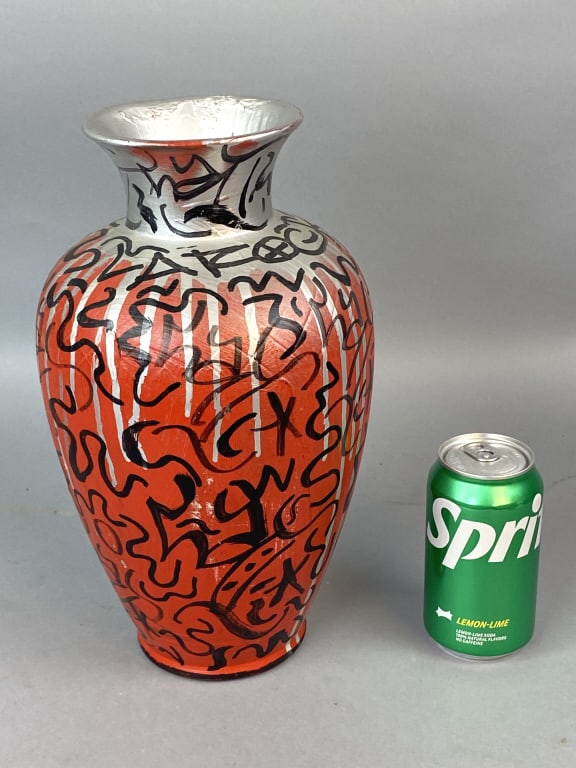 LA II Angel Ortiz Graffiti Painted Vase: LA II Angel Ortiz Graffiti Painted Vase Tagged Throughout 12 3/4"h x 7" dia Condition: Good
