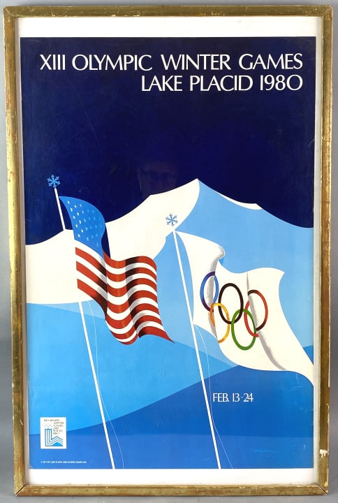 XIII Olympic Winter Games Lake Placid 1980 Poster: XIII Olympic Winter Games Lake Placid 1980 Poster Sight: 33" x 22" Condition: Some loss of gilt to frame, scratches, scuffs, wear to poster edges, minor tears