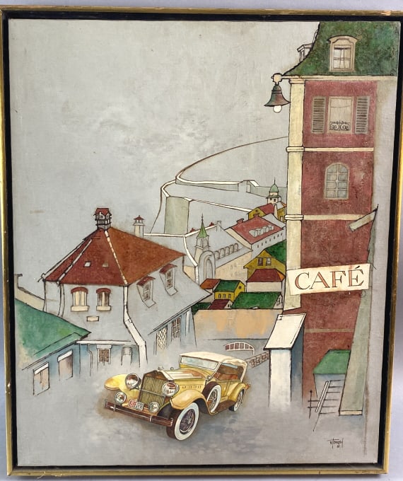 W. T Carlsen, Car on Hill: W. T Carlsen, Car on Hill Oil on canvas signed (lr) Sight: 24"h x 20"w Condition: Some scratches to frame