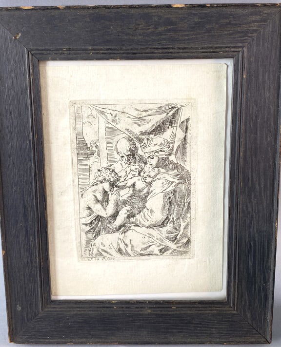 Simone Cantarini (Italian, Pesaro 1612?1648 Veron): Simone Cantarini (Italian, Pesaro 1612?1648 Verona) Holy Family with St. John the Baptist Etching signed (ll) Sight 5 1/4"h x 3 3/4"w Condition: Some minor stains, scratches and scuffs to frame