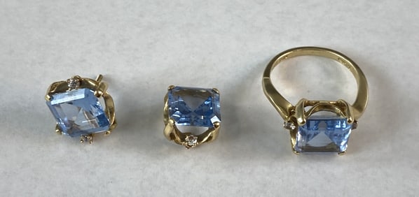 14K Gold, Aquamarine & Diamond Ring & Earrings