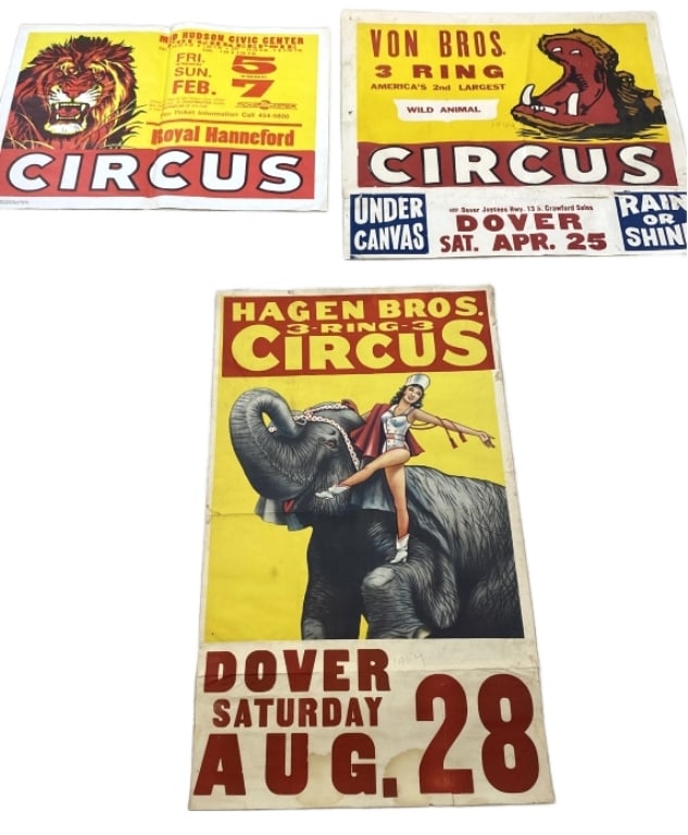 3 Circus Posters: 3 Circus Posters.Comprising of:Hagen Bros.Royal HannefordVon Bros.Hagen Bros: 35 1/2"h x 20 3/4"w Condition: Creases, tears. tack marks, stains.