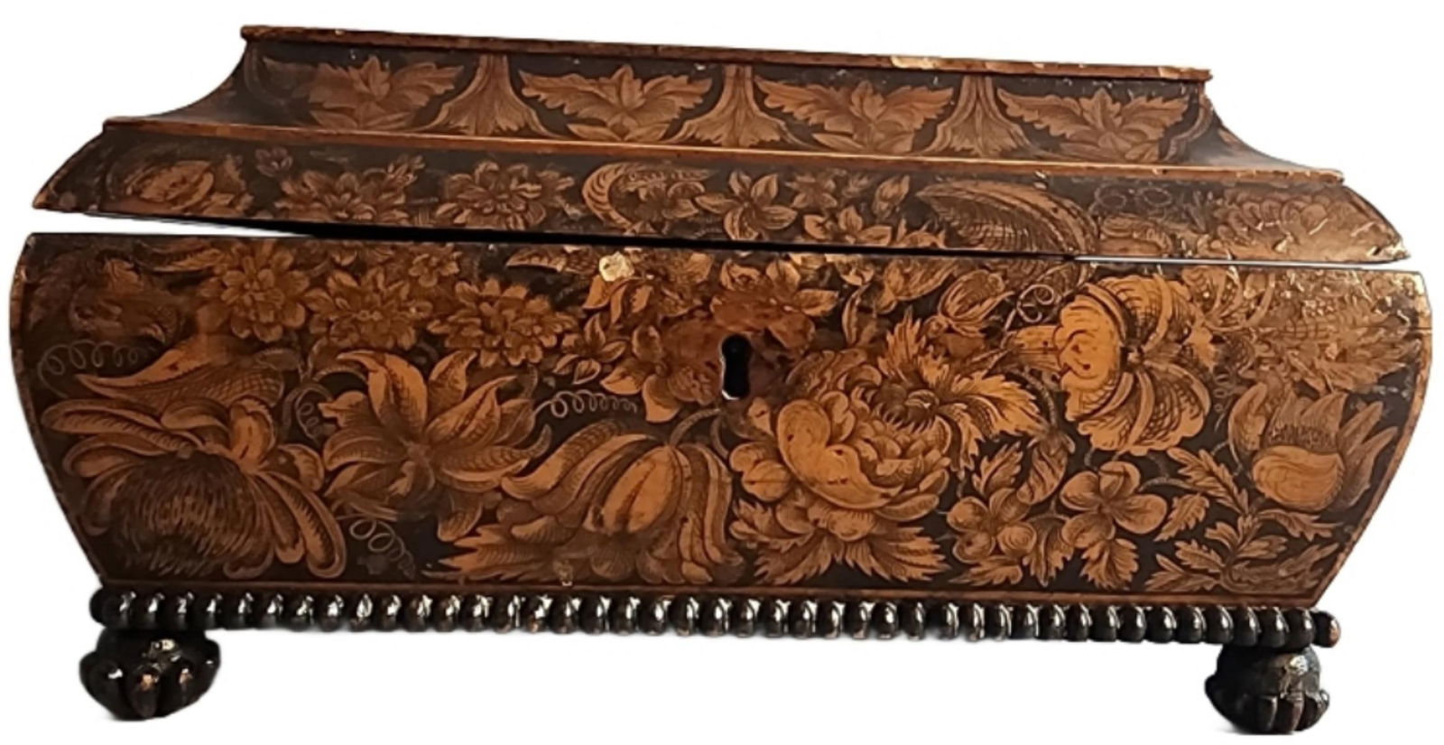 19th C. Regency Pinwork Decorated Box: 19th C. Regency Pinwork Decorated Box. 6"h x 12"w x 9 1/4"d Condition: Some chips, scratches, scuffs, warped top.