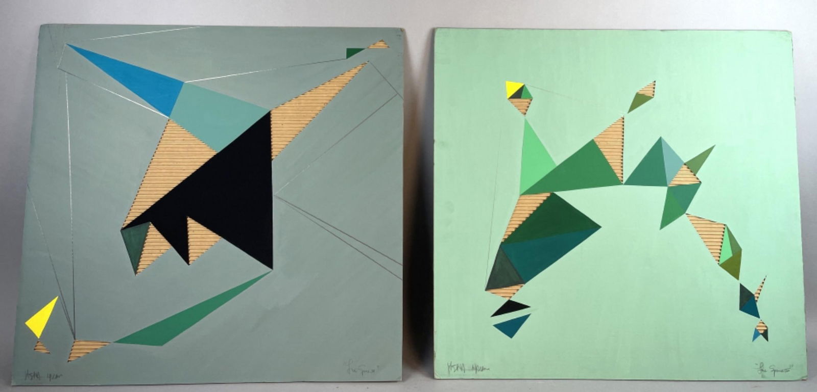 2 Jashe Green "Sphere IV" & "Sphere V": 2 Jasha Green "Sphere IV" & Sphere V" Mixed media on cardboard, signed (ll). 30"h x 31 3/4"w Condition: Some scratches, scuffs, wear to edges.