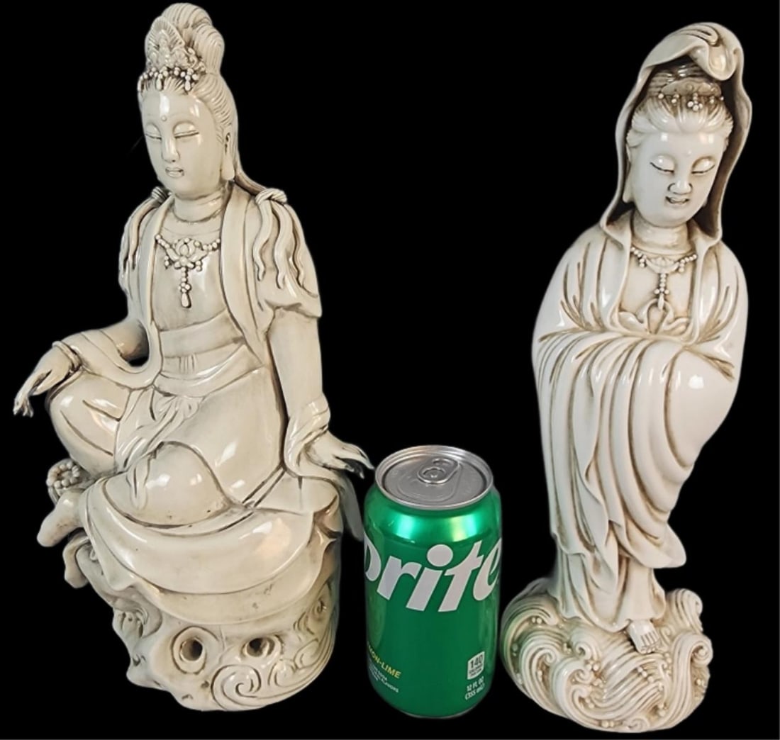 Chinese Blanc-de-Chine Porcelain Figures: Chinese Blanc-de-Chine Porcelain Figures of Guan Yin. Largest: 12 1/2"h x 7 1/2"w x 5"d Condition: Good.