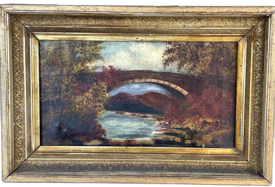 19th C. River & Bridge Scene: 19th C. River & Bridge Scene. Oil on canvas, unsigned. Sight: 9"h x 17"w Condition: Old restorations.