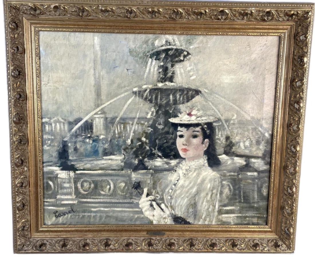 Jean Carrol "Paris": Jean Carrol "Paris". Oil on canvas, signed (ll) Sight: 24 1/4"h x 29 1/4"w Condition: Some tears to canvas, some loss of gilt & gesso to frame.