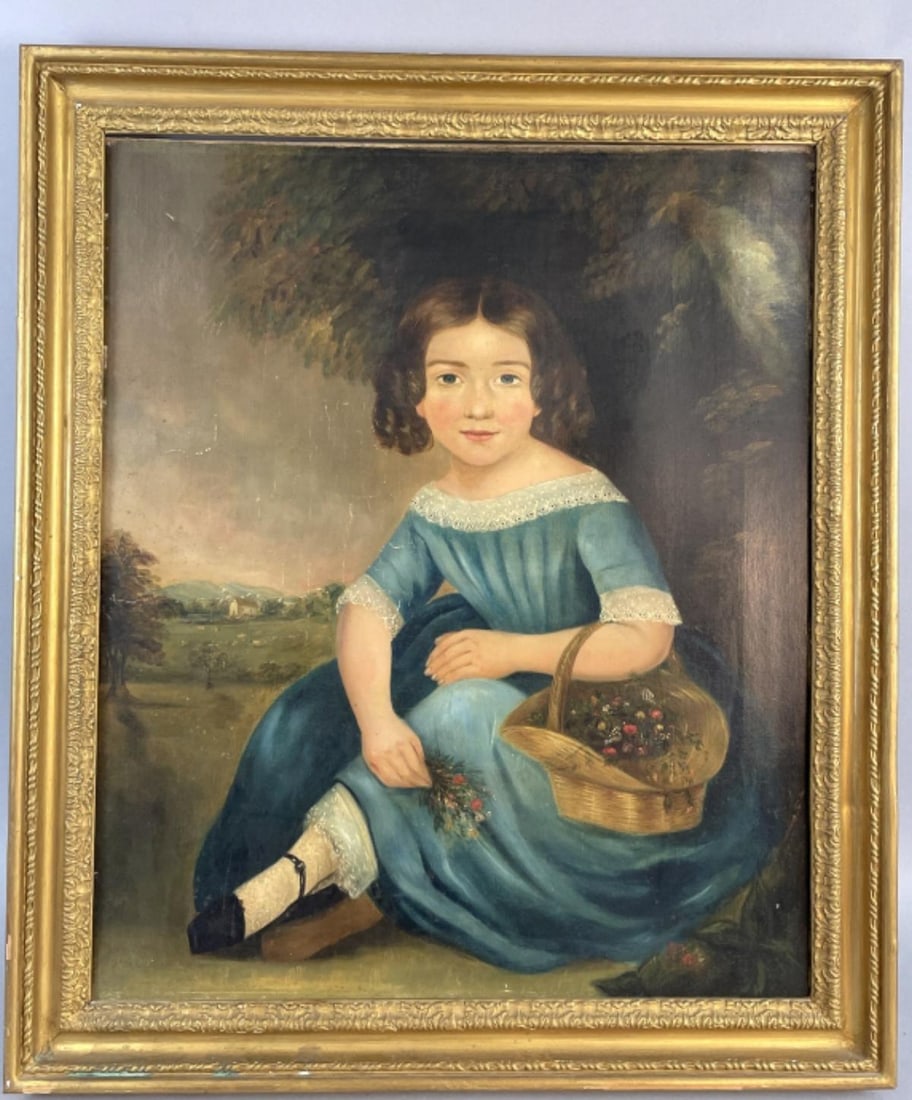 19th C. Painting Girl Picking Flowers: 19th C. Painting Girl Picking Flowers. Oil on canvas, unsigned. Sight: 29 1/2"h x 24 1/2"w Condition: Relined, scratches, scuffs. Some loss of gesso & gilt to frame.