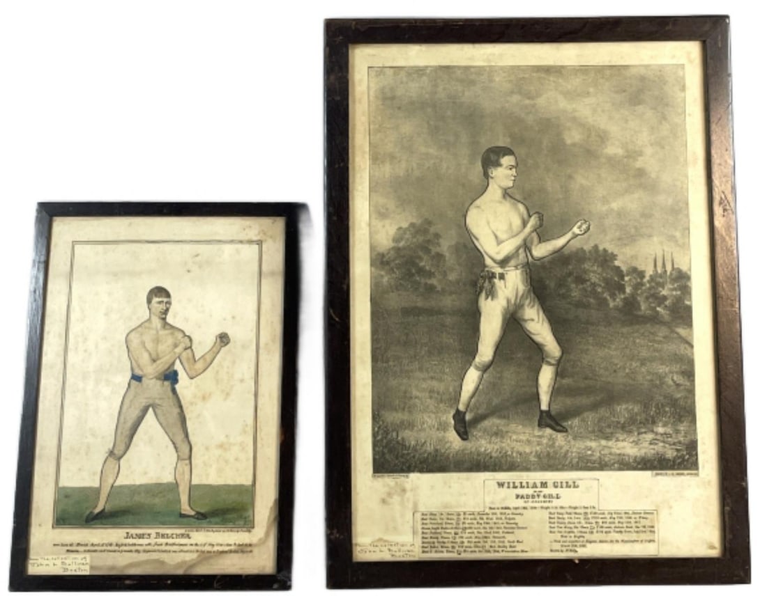2 Boxing Etchings James Belcher & William Gill: James Belcher Hand Colored Etching and William Gill Etching. Both with "From the Collection of John L. Sullivan, Boston" 19th-20th C. boxer. Larger overall: 27"h x 20"w Condition: Some foxing and