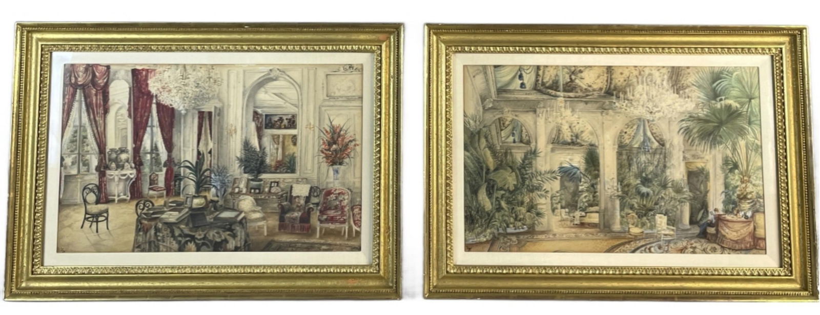 Pair of Paris Interior Watercolors: Pair of Paris Interior Watercolors. Initialed (ll), label on verso. Sight: 11"h x 18"w Condition: Some loss of gilt, chips to frame.