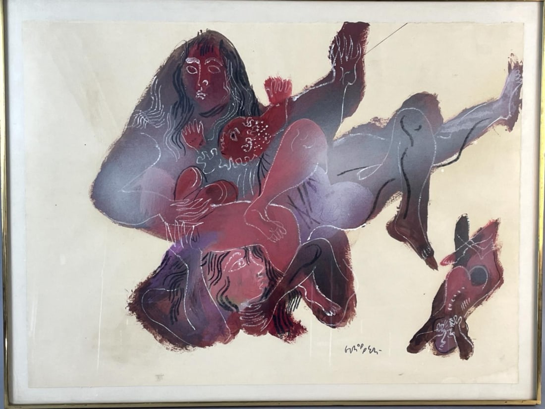 Figural Abstract Watercolor: Figural Abstract Watercolor. Signed (lr), Kulicke label on verso. Sight: 22"h x 30"w Condition: Scratches & scuffs to frame.