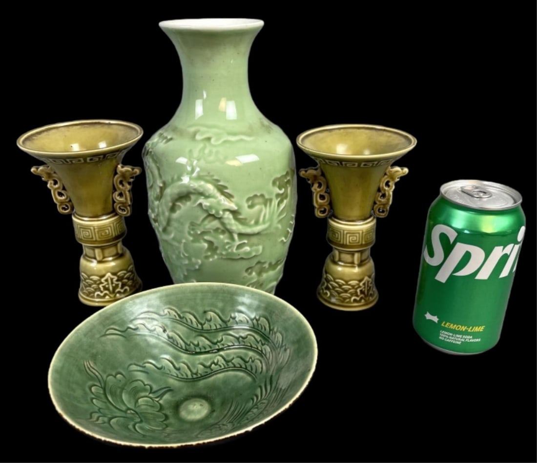 4 Asian Green Porcelain Articles: 4 Asian Green Porcelain Articles. Tallest vase: 9 1/2"h Condition: Good.