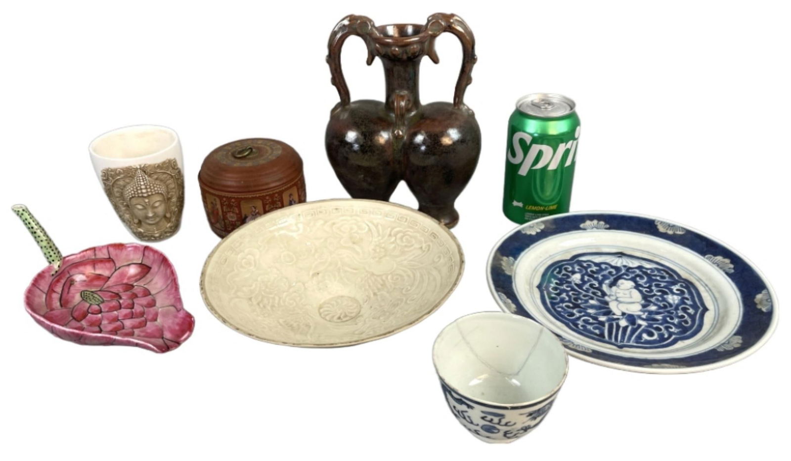 Grouping of Asian Porcelain & Pottery Articles: Grouping of Asian Porcelain & Pottery Articles. Vase: 7 1/2"h Condition: Blue cup bad repair, needs cleaning.