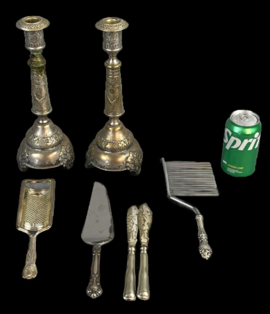 Pair of Silver Plated Candlestick & Others Items: Pair of Silver Plated Candlesticks & Others Articles. Candlesticks: 12"h Condition: Worn plate, bent metal.