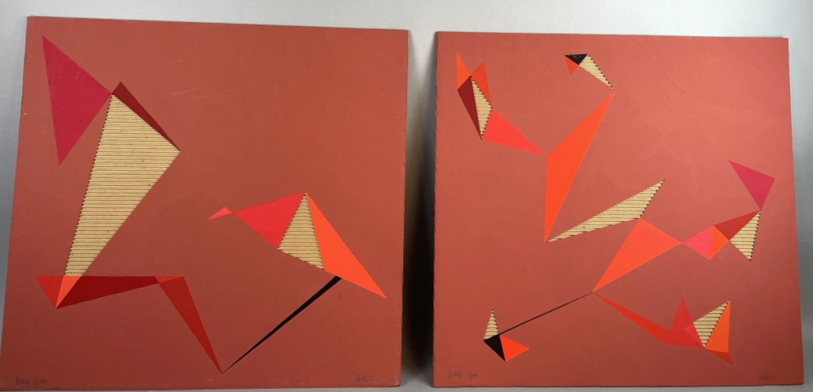 2 Jasha Green "Aster I" & "Aster II": 2 Jasha Green "Aster I" & "Aster II". Mixed media on cardboard, signed (lr). 30"h x 31 3/4"w Condition: Some scratches, scuffs, wear to edges.