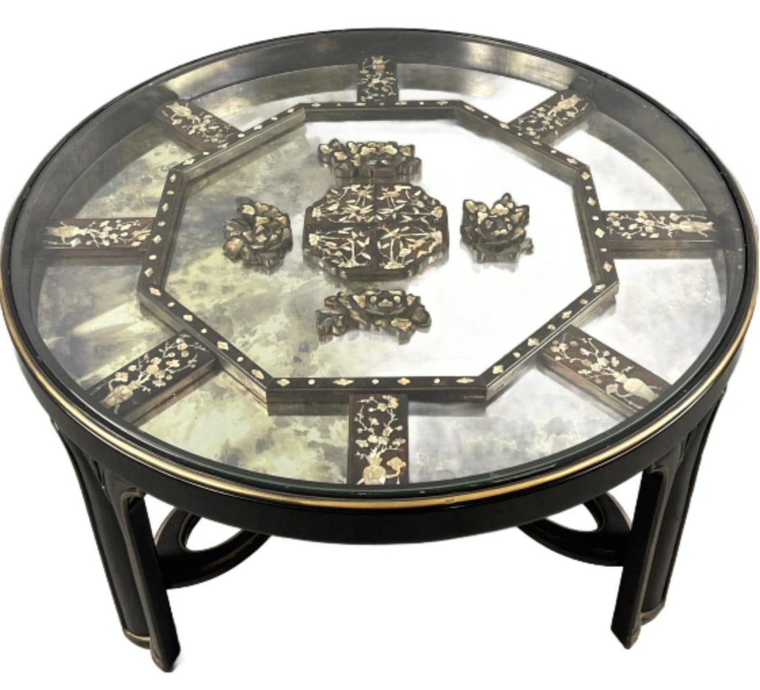 James Mont Style Low Table: James Mont Style Low Table. 19 1/2"h x 38"diam. Condition: Some scratches & scuffs.