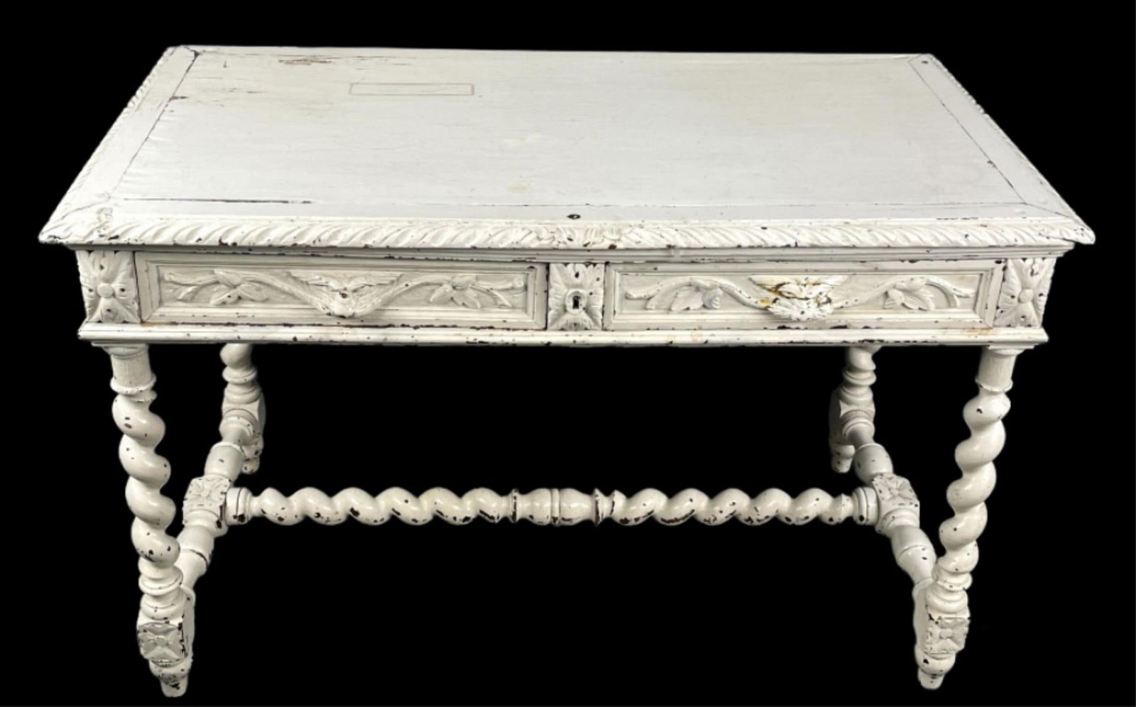 White Painted Victorian Desk: White Painted Victorian Desk 29 1/2"h x 45 1/4"w x 23 1/2"d Condition: Some chipped paint, cracks, overall wear.