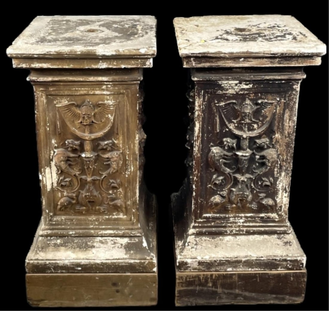 Pair of Victorian Plaster Pedestals: Pair of Victorian Plaster Pedestals on Wood Bases. 37 1/4"h x 18"sqr. Condition: Overall wear, loss of plaster, worn finish.