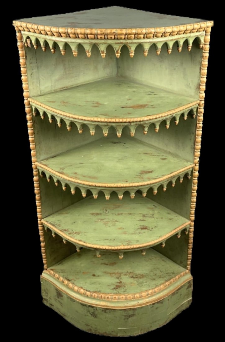 Green Painted Corner Etagere: Green Painted Corner Etagere. 46 3/4"h x 24 1/2"w x18"d Condition: Some wear to finish.