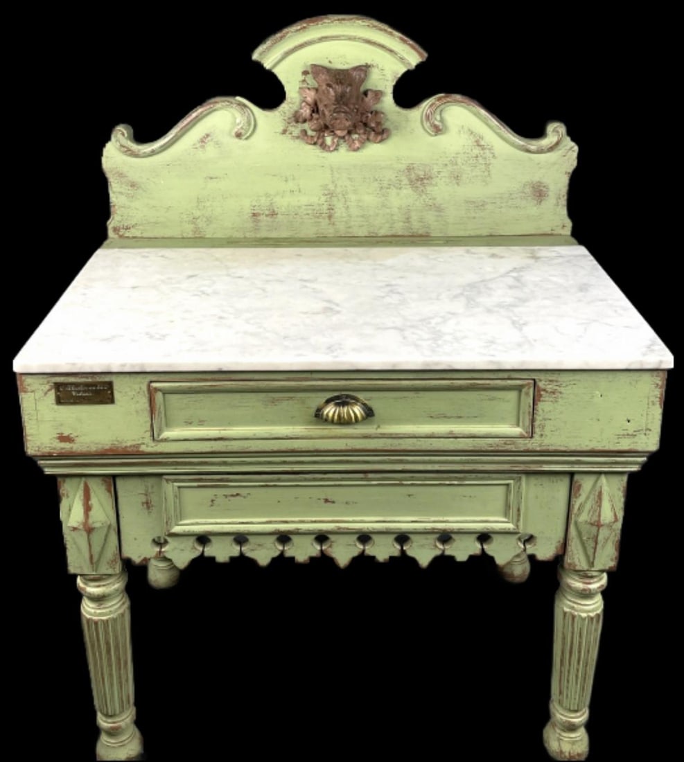 French Style Marble Top Butcher Table: French Style Marble Top Butcher Table, L'Atelier du Sud. 51 1/2"h x 39 3/4"w x 26"d Condition: Some scratches and scuffs.