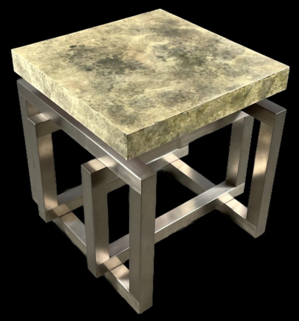 MCM Style Metal and Velum Side Table: MCM Style Metal and Vellum Side Table. 25"h x 25 1/2"sqr. Condition: Some wear to edges of top.