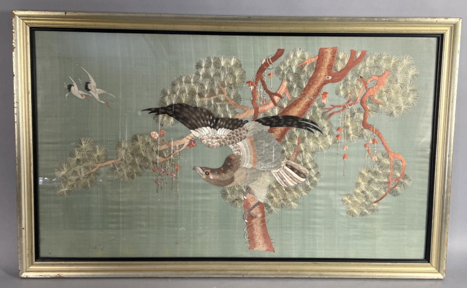 Vintage Japanese Silk Embroidery Framed: Vintage Japanese Silk Embroidery Framed. Sight: 22 3/4"h x 39 1//2"w Condition: Some stains on silk, gilt & paint loss on frame, mold on back.