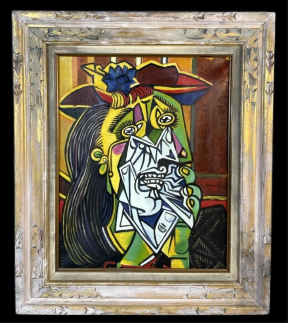 After Pablo Picasso "The Crying Woman": After Pablo Picasso "The Crying Woman". Oil on canvas, unsigned. Sight: 19 1/2"h x 15 1/2"w Condition: Rubbed gilt frame, dirty matting.