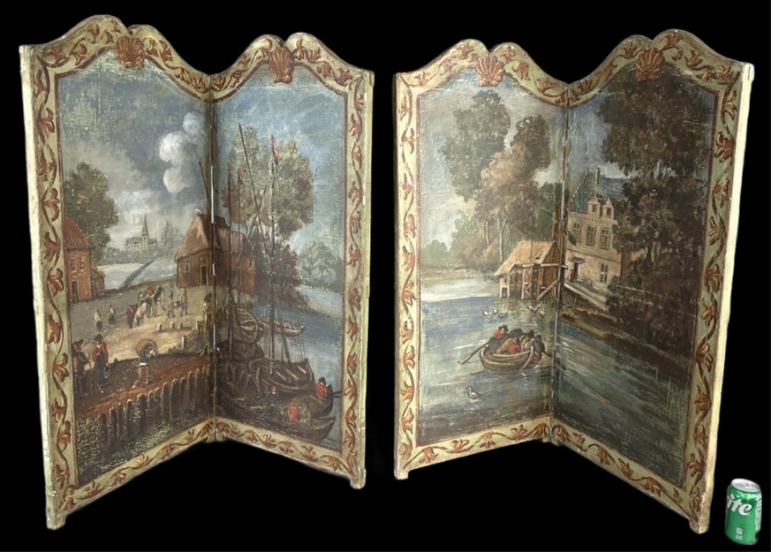 Pair of Neoclassical Style Table Screens: Pair of Neoclassical Style Table Screens. Oil on canvas, unsigned. 42 1/2"h x 38 3/4"w Condition: Overall wear, chips to paint.