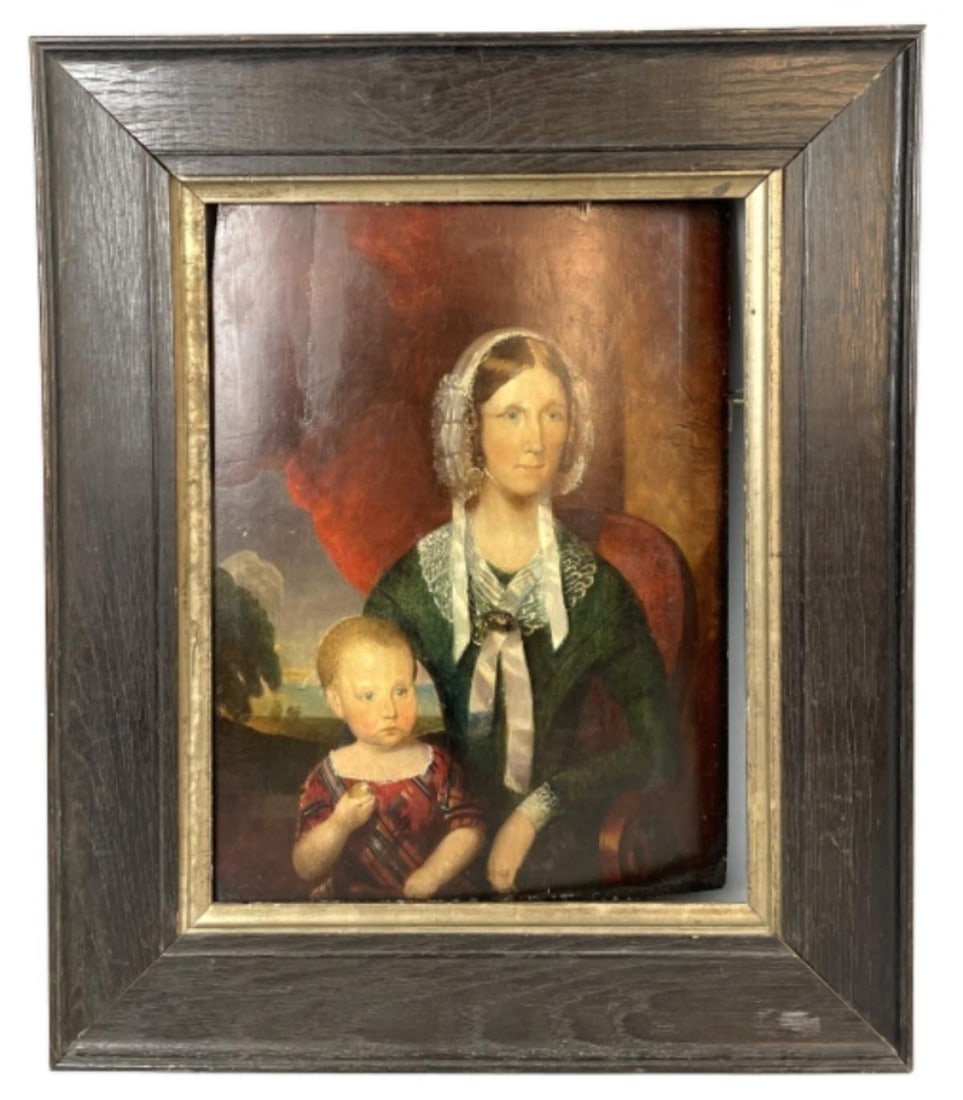 19th C. Woman w/ Child: 19th C. Woman w/ Child. Oil on board, unsigned. Sight: 15"h x 11 1/2"w Condition: Warped, missing paint & wood from a nail, cracked wood. Scratches & scuffs to frame.