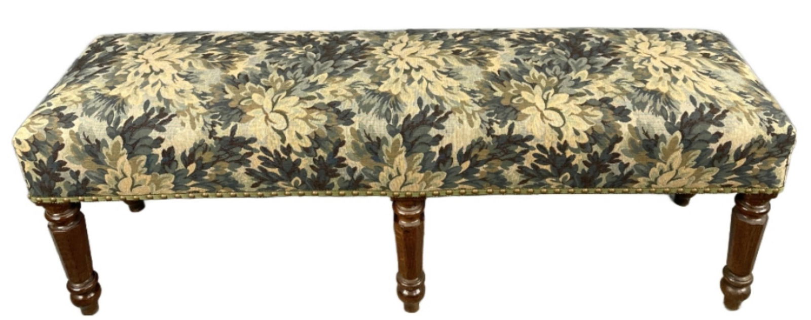 19th C. Oak Upholstered Bench: 19th C. Oak Upholstered Bench. 19"h x 56"w x 16"d Condition: Old repairs, some wood loss to two feet, see photos.