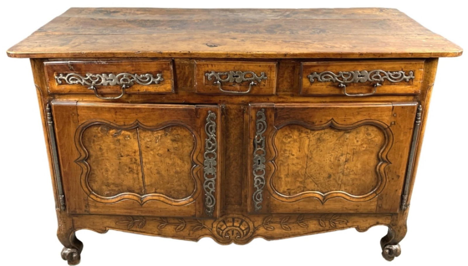 Louis XV Walnut Buffet: Louis XV Walnut Buffet 37"h x 59"w x 25 3/4"d Condition: Overall wear, cracks, chipped wood, old repairs.
