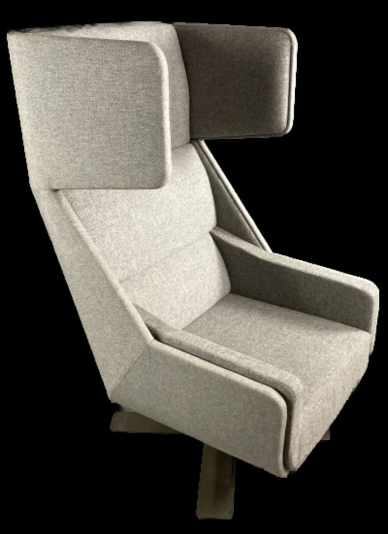 Buzzi Space Grey Upholstered Wingback Chair: Buzzi Space Grey Upholstered Wingback Swivel Chair. 53"h x 28 1/2"w x 38"d Condition: Light wear.