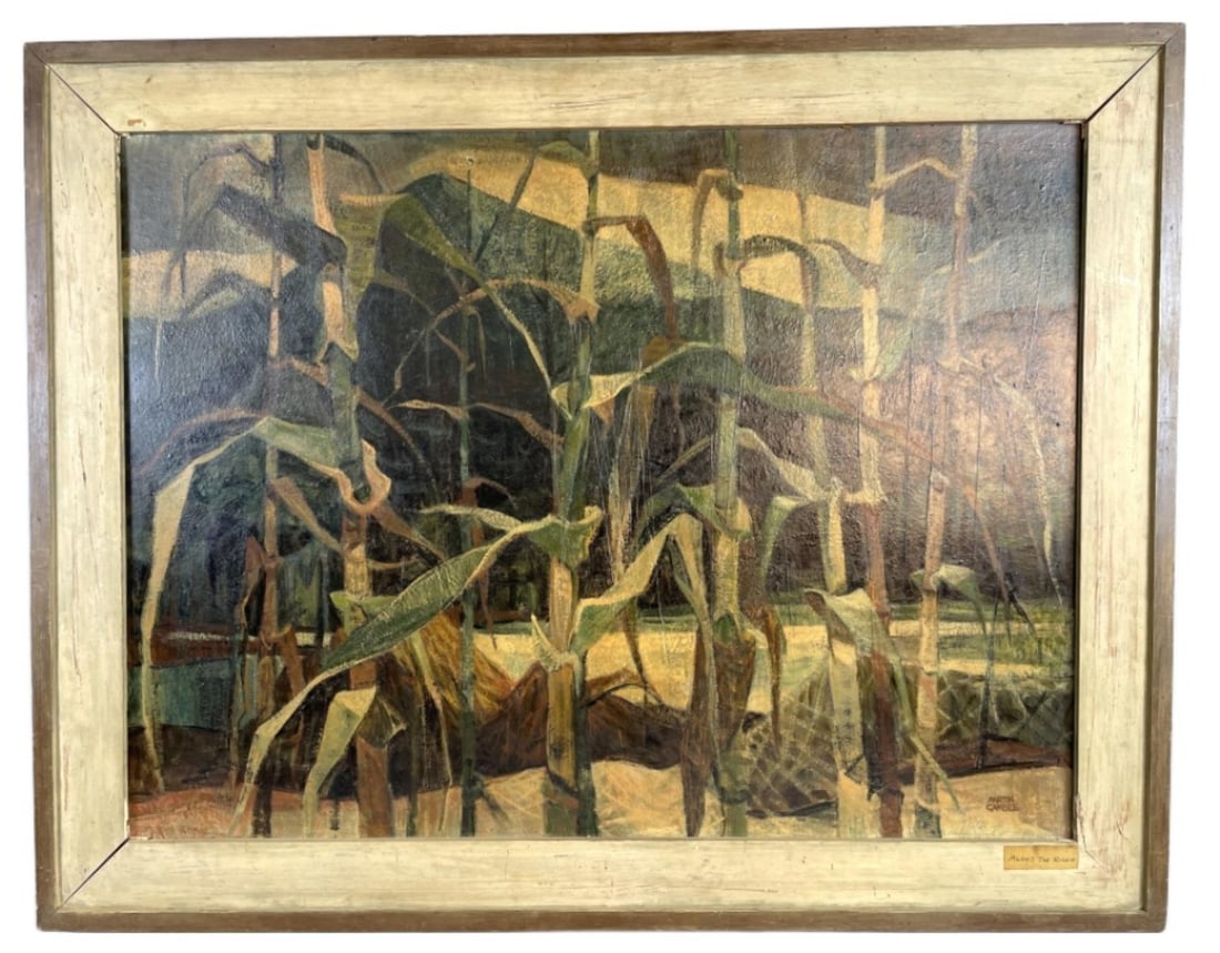 Martin Gambee "Along The River": Martin Gambee "Along The River". Oil on masonite, signed (lr). Sight: 29 1/4"h x 39 1/4"w Condition: Scratches, scuffs, cracked wood to frame.